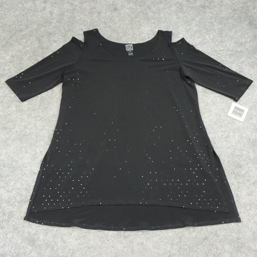 Ciara Sun Woo Top Womens Large L Black Tunic Blouse Shirt Solid Cold Shoulder